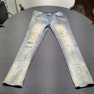 GFTD LA Skinny Jeans Mens 36x34 Aqua Distressed Rip Repair Stretch